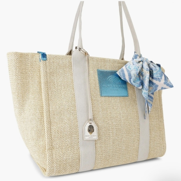 NEW Kurt Geiger Large Southbank Zip Top Shopper: Woven Beige W/ Blue Tones - Picture 3 of 15